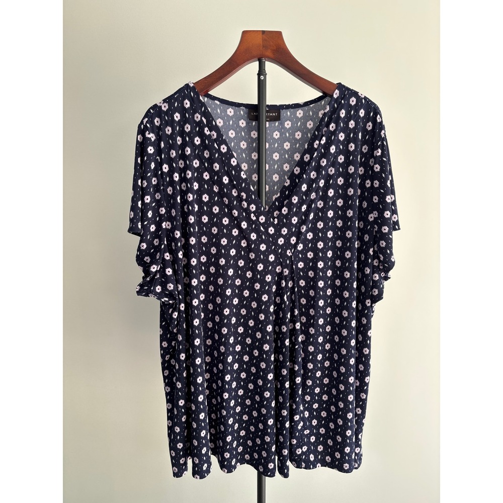 Lane Bryant Blouse Womens 26/28 Navy Pink Floral V-Neck Surplice Plus Size Boho